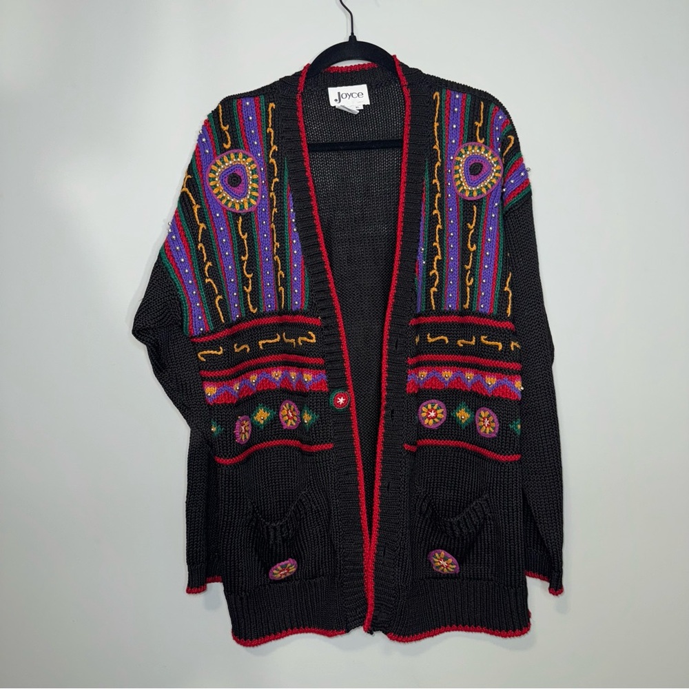 Joyce Vintage Embroidered Cardigan Sweater Black‎ Multi Color XL Ramie Cotton